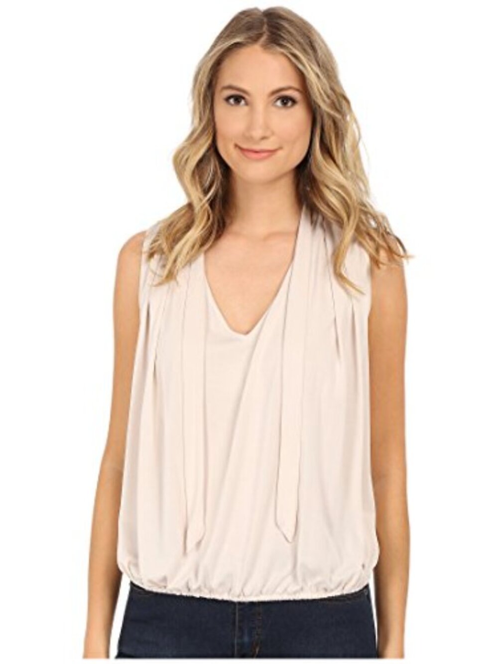 Free People Forget Me Knot Sleeveless Tie-Neck Blouson Top in Light Beige Large